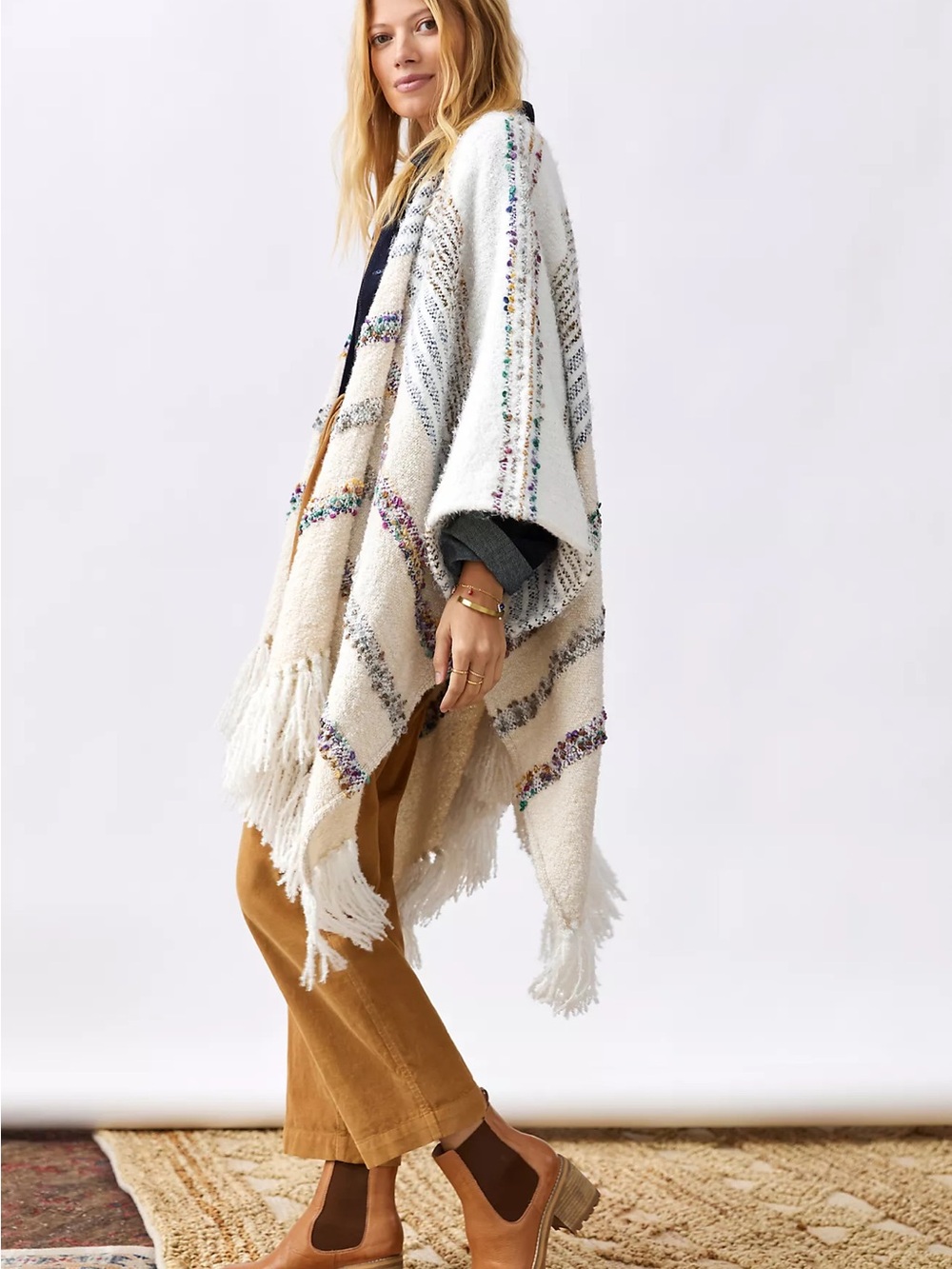 Anthropologie Cream Fringe Bouclé Poncho with Multicolor Accents